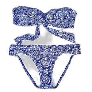 Helen Jon Blue White Bikini Strapless Tie Top Rouched Bottom 2 Piece Swimsuit S